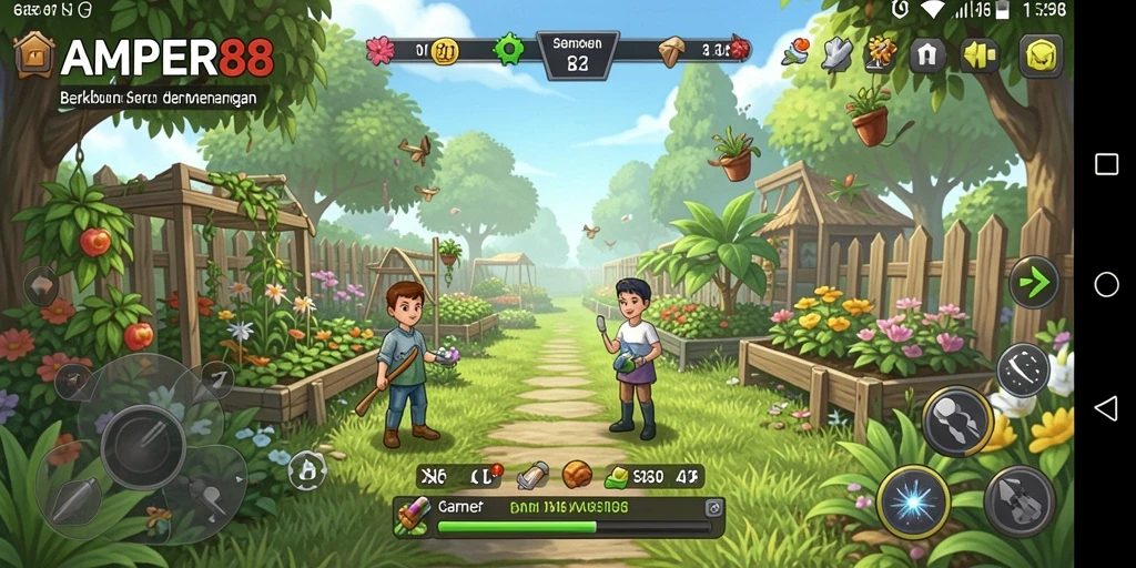 Tampilan gameplay seru dalam AMPER88 dengan pemandangan kebun yang indah.