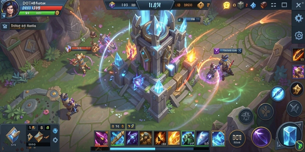 Tampilan gameplay DOTA88 dengan menara dan musuh yang beragam.