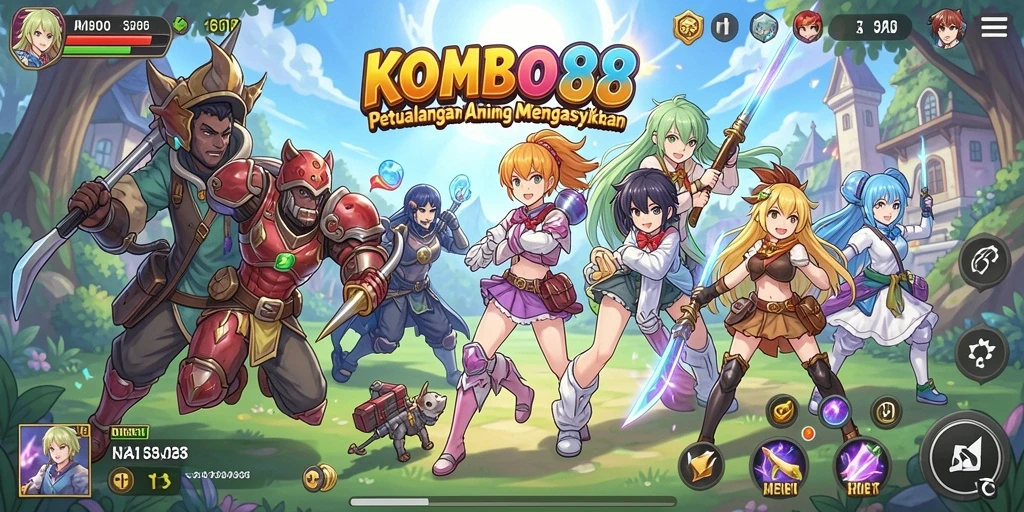 Screenshot utama KOMBO88 menampilkan karakter anime dalam pertempuran yang seru.