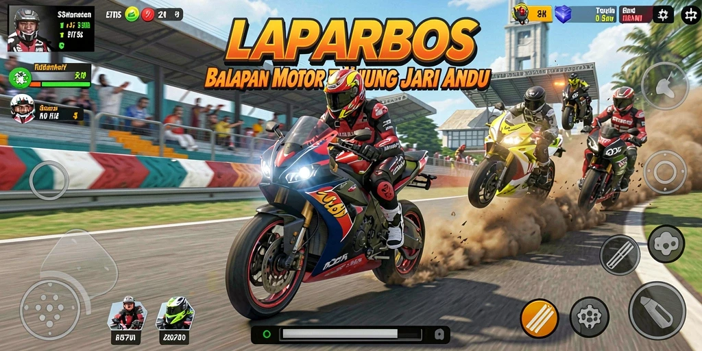 Tampilan gameplay LAPARBOS yang mendebarkan dengan motor balap.