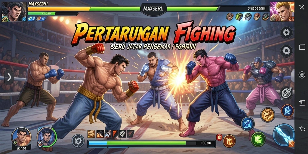 Screenshot MAXSERU menunjukkan pertarungan seru dengan karakter yang beragam.