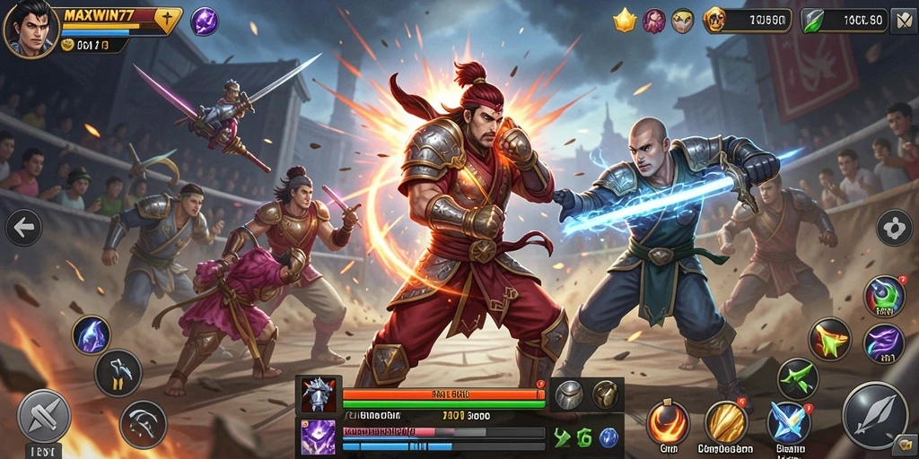 Screenshot gameplay <strong>MAXWIN77</strong> yang menunjukkan pertarungan epik dengan karakter unik.
