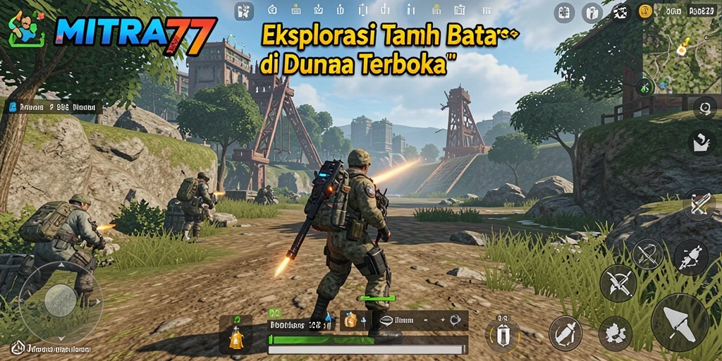 Tangkapan layar dari gameplay MITRA77 yang menampilkan dunia terbuka yang luas.